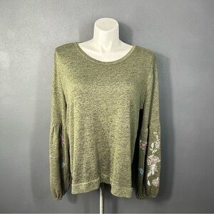 Time and Tru Olive Green Floral Embroidered Long Sleeve Top